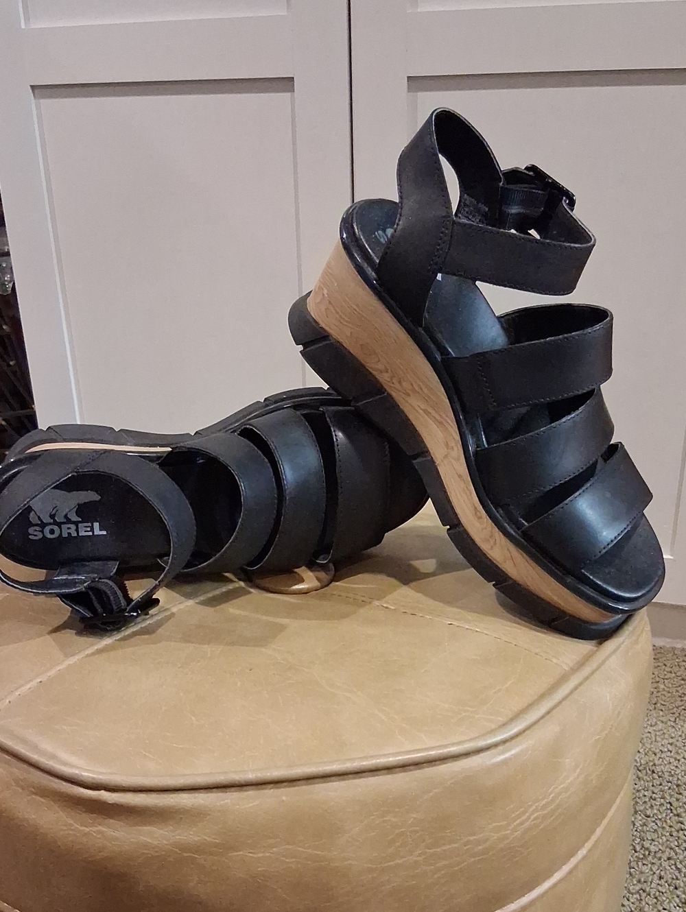 Sorel Black Platform Wedge Sandals with Wood-Effect Midsole